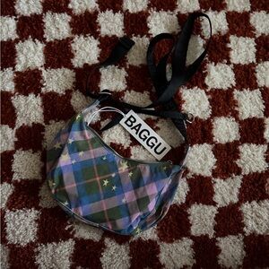 Baggu Green Starry Plaid Small Crescent Crossbody